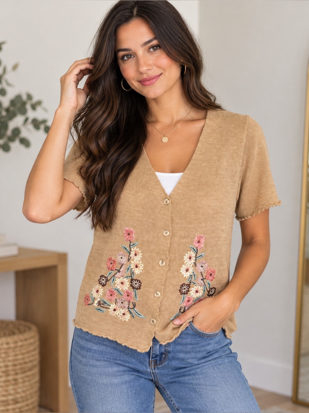 VINTG 90’s Cottagecore Tan Knit Pink Dainty Floral Embroidered Short Sleeve M